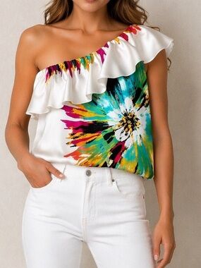 HeartSoul One Shoulder Floral Ruffle Blouse Top White Multicolor Size Medium